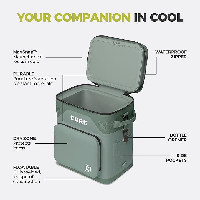 CORE Magnetic Leak Proof Soft Cooler with Waterproof Zipper | Insulated Bag Portable Ice Chest Box | Best Soft Cooler for Food & Beverages for Tailgating, Car Camping, Travel, and Family Beach Picnics