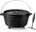 8QT Pre-Seasoned Cast Iron Camp Dutch Oven with Lid, Large Camping Dutch Oven Pot with Tripod Stand, incl. Lid Lifter - Dual Handles - for Outdoor Campfire, Grill, Oven & Stovetop Cooking-Black