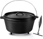 8QT Pre-Seasoned Cast Iron Camp Dutch Oven with Lid, Large Camping Dutch Oven Pot with Tripod Stand, incl. Lid Lifter - Dual Handles - for Outdoor Campfire, Grill, Oven & Stovetop Cooking-Black