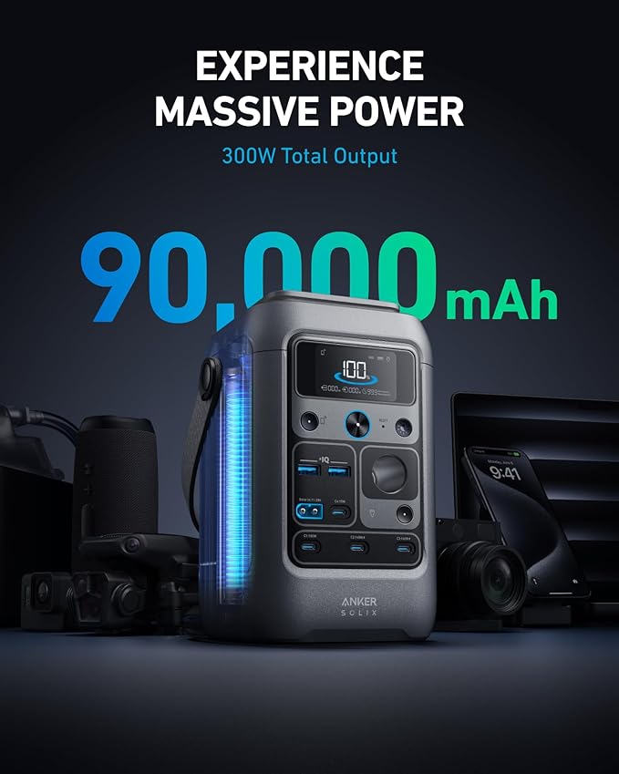 Anker SOLIX C300 DC Power Bank Station with Car Charging Cable, Outdoor 288Wh, Portable Power Station, LiFePO4 Battery, 300W Solar Generator, for Camping, Traveling, and Emergencies