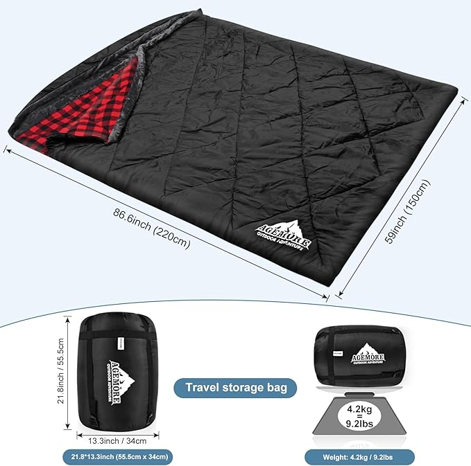 AGEMORE Cotton Flannel Double Sleeping Bag with Fleece Lined Hood, Waterproof Queen Size 2 Person Sleeping Bag for Adults Cold Weather Camping Backpacking or Hiking, 3-4season