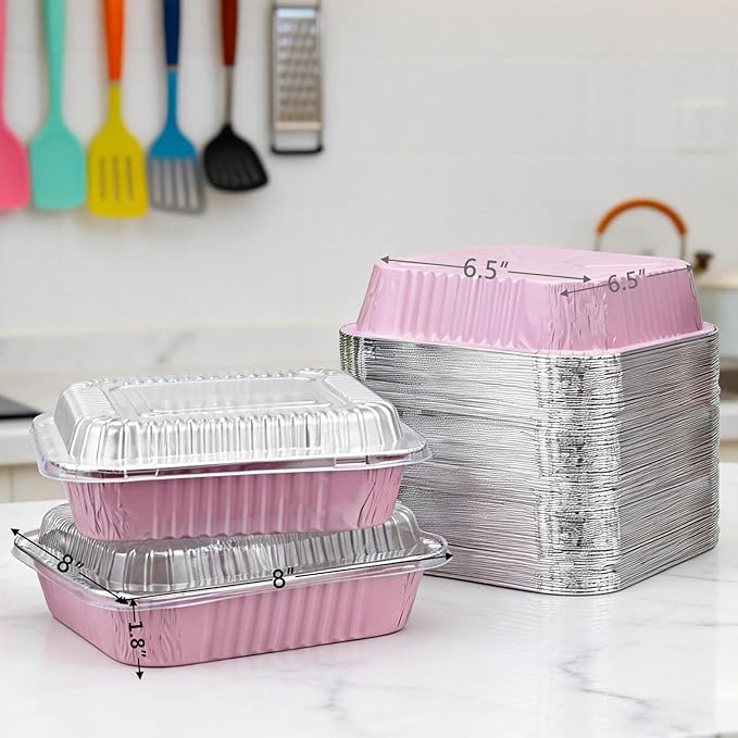 (35-Pack) Pink 8x8 Inch Disposable Aluminum Pans with Plastic Lids,Stickers and Cake Spoons,Square Cake Pans for Parties,Baking Trays,Foil Pans for Holiday Cooking, Parties Meal Prep, Storage