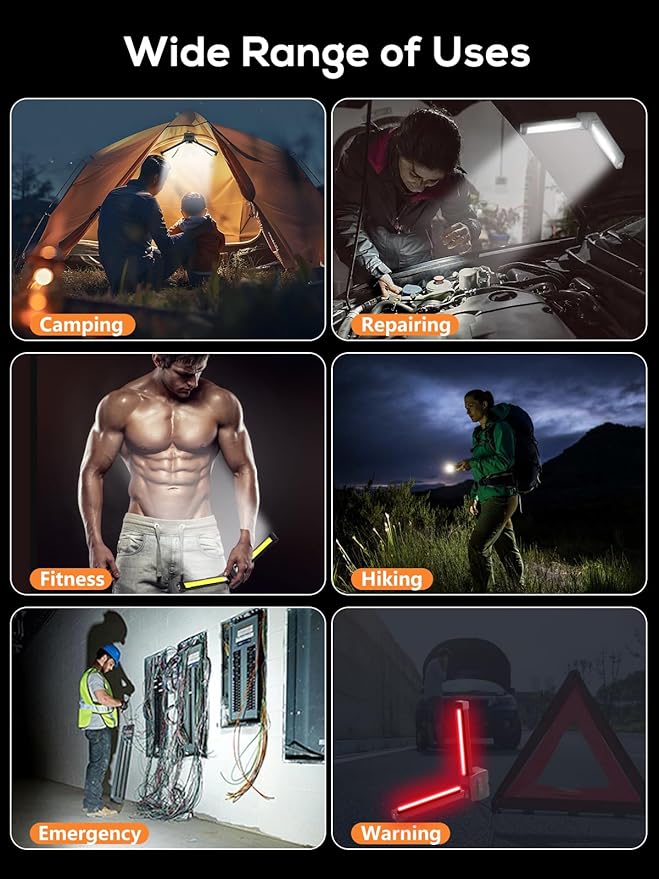 Gym Lamp, Portable Gym Lighting for Posing, Magnetic Work Light Rechargeable, Gift for Men/Women, 180° Rotate Foldable with Hang Hook Camping Lamp, USB Power Bank LED Handheld Flashlight-Black