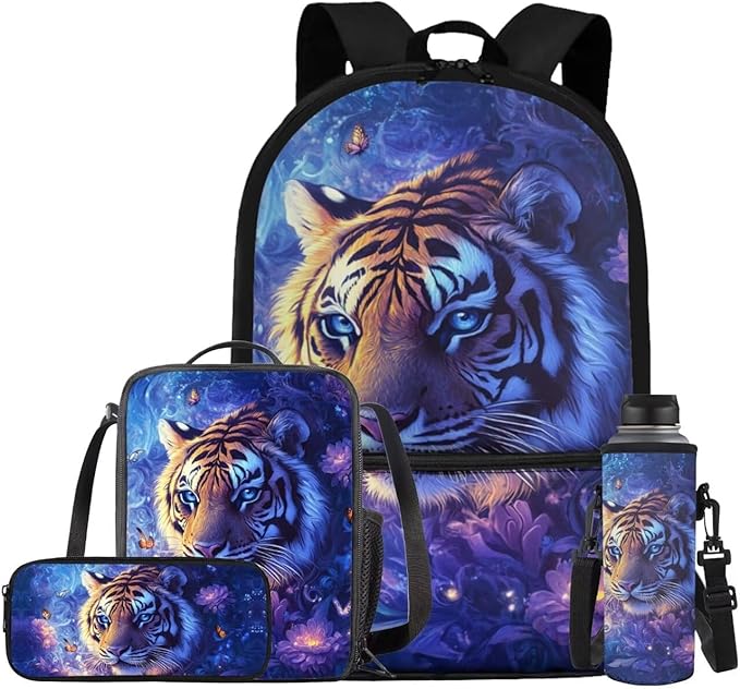 Space Tiger Cool Backpacks for Boys Backpack with Lunch Box Pencil Case Water Cup Cover 17 Inch Large Capacity Kids Bookbag for Boys Elementary School bags 4 Pcs Daypacks