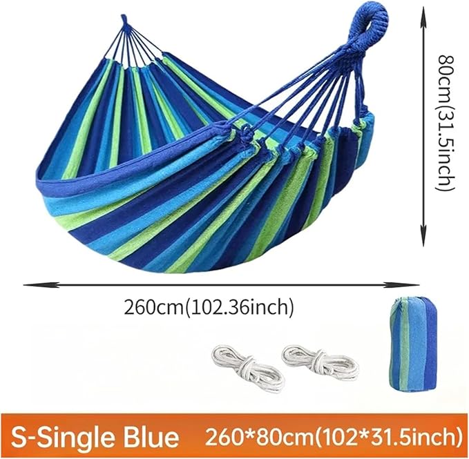 Canvas Single Hammock Thick Durable Striped Indoor Courtyard Camping Swing Chair Hammocks Home Outdoor Furniture(Blue-S-260X80CM)