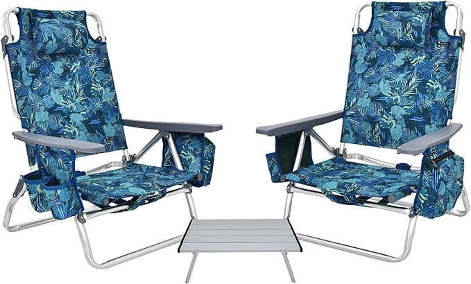 GYMAX Beach Chairs, Backpack Camping Chair with Armrest, Cooler Bag, Cup Holder, Towel Bar & Side Pockets, Sunbath Sling Tanning Lounge, Folding Layout Chair (with Table, Blue Leaves)