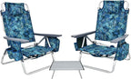 GYMAX Beach Chairs, Backpack Camping Chair with Armrest, Cooler Bag, Cup Holder, Towel Bar & Side Pockets, Sunbath Sling Tanning Lounge, Folding Layout Chair (with Table, Blue Leaves)