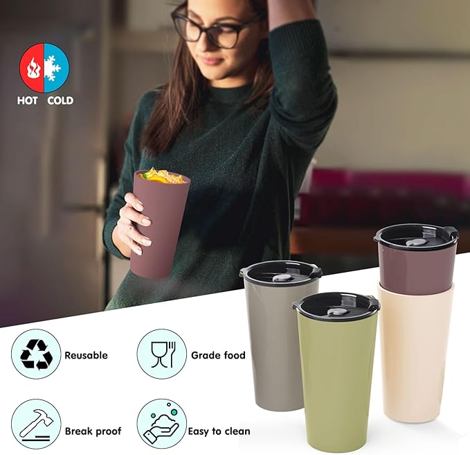 4 Pack Plastic Travel Coffee Mug Set, 20 oz Spill Proof Drinking Cups with Lids, Pobtable to Go Camping Coffee Tumbler Reusable Coffee Mugs with Lids, Dishwasher & Microwave Safe