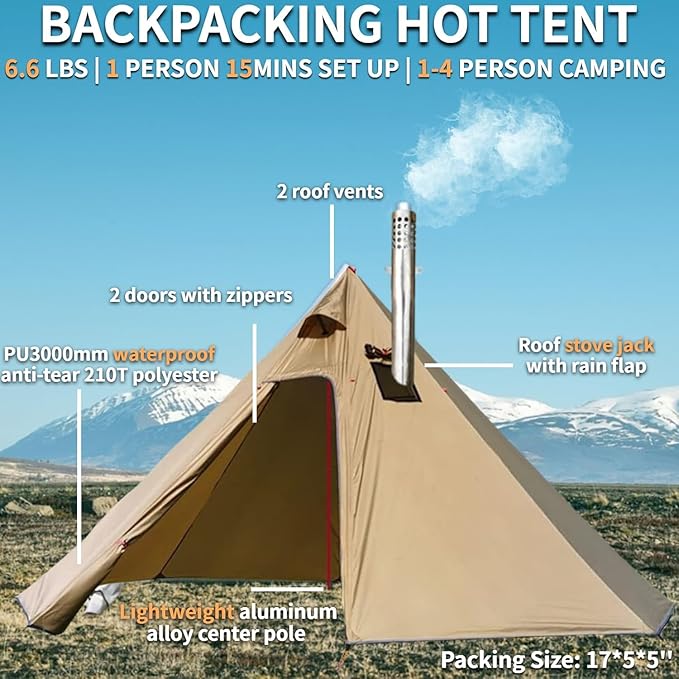 DANCHEL OUTDOOR Backpacking Hot Tent w/Stove Jack, Portable Tipi Tent with T6 Titanium Folding Wood Stove for 1-4 Person Winter Camping Hunting,3m/4m