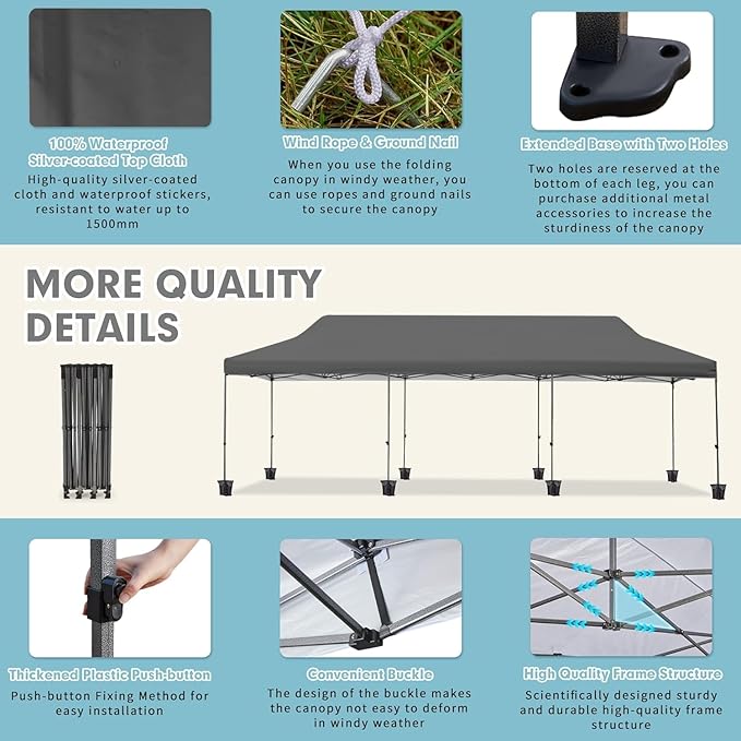 EROMMY 10x30 Pop Up Canopy Tent, Commercial Instant Canopy Heavy Duty with Roller Bag, 8 Sand Bags, 8 Wind Ropes & Ground Nails, Outdoor Canopies for Events, Parties and Camping, Gray