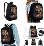 Tiger and Roses Printing 3 Pcs Boys Backpack Set, Matching Large Capacity Lunch Box and Dirt-resistant Pencil Case for Elementary School Students Travel Activities Outdoor