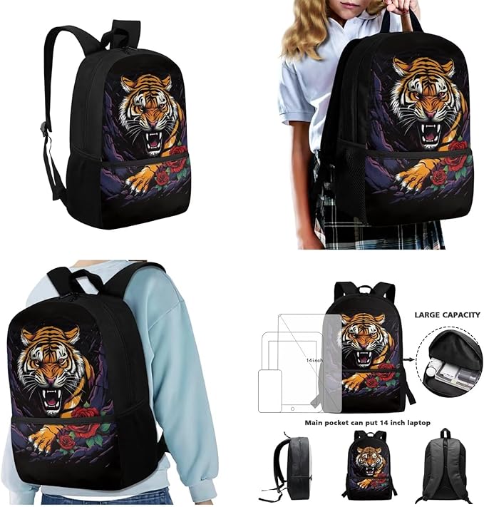 Tiger and Roses Printing 3 Pcs Boys Backpack Set, Matching Large Capacity Lunch Box and Dirt-resistant Pencil Case for Elementary School Students Travel Activities Outdoor