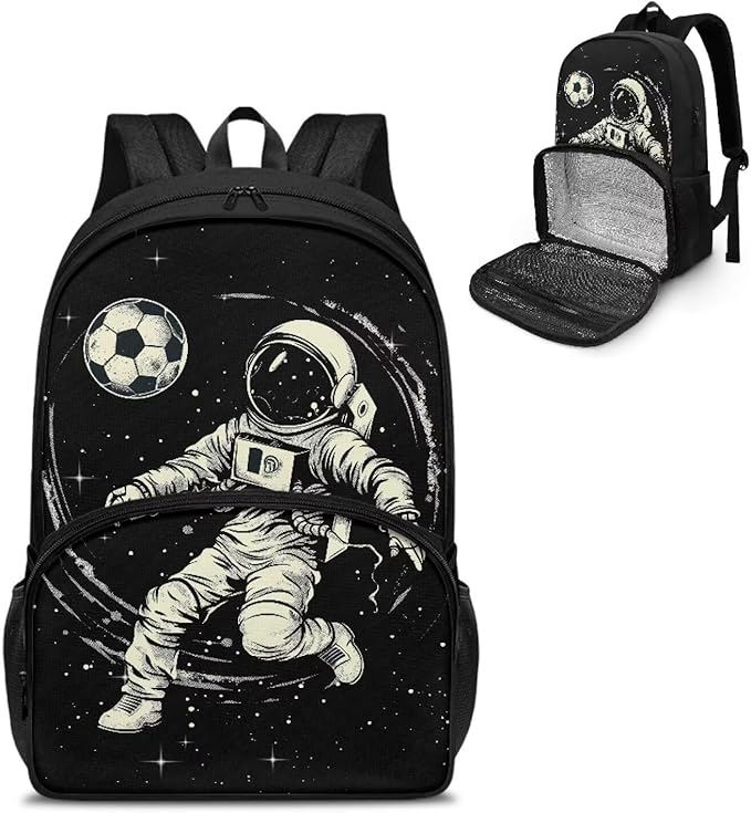 Boys Grils Kids Meal Prep Backpack All in One Backpack Insulated Lunch Bag Travel Casual Elementary Middle High School Student Backpack Hiking Daypack, Astronaut Soccer