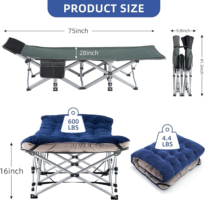 Camping Cot, Sleeping Cots, Portable Camping cots with Cushion, Pillow and Carry Bag, 1200D Double Layer Oxford, 600 LBS Weight Capacity Cots for Sleeping (Blue)