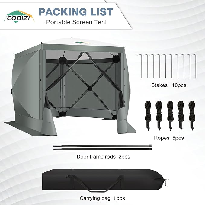 COBIZI Pop Up Gazebo Screen Tent Screen House for Camping, 10x10 Screen Room with Mosquito Netting, Hub Tent Instant Screened Canopy with Carrying Bag and Ground Stakes, Gray
