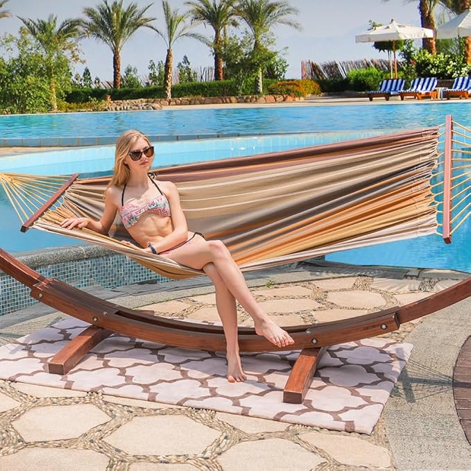 Lazy Daze Hammocks 10.5 FT Outdoor Arc Wood Hammock Stand, 2 Person Hard Pine Wood Hammock Stand with Carabiners and Chains for Outdoor Patio Garden Poolside, 300lb Capacity, Brown