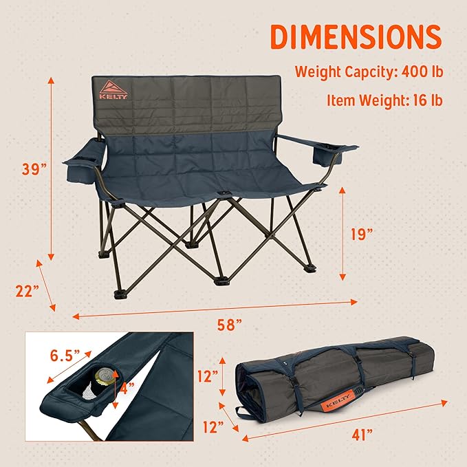 Kelty Loveseat Oversized 2-Person Heavy Duty Folding Camp Chair, Double Seat for Soccer Games, Tailgating, Beach Days (Regular Height/Dark Shadow)
