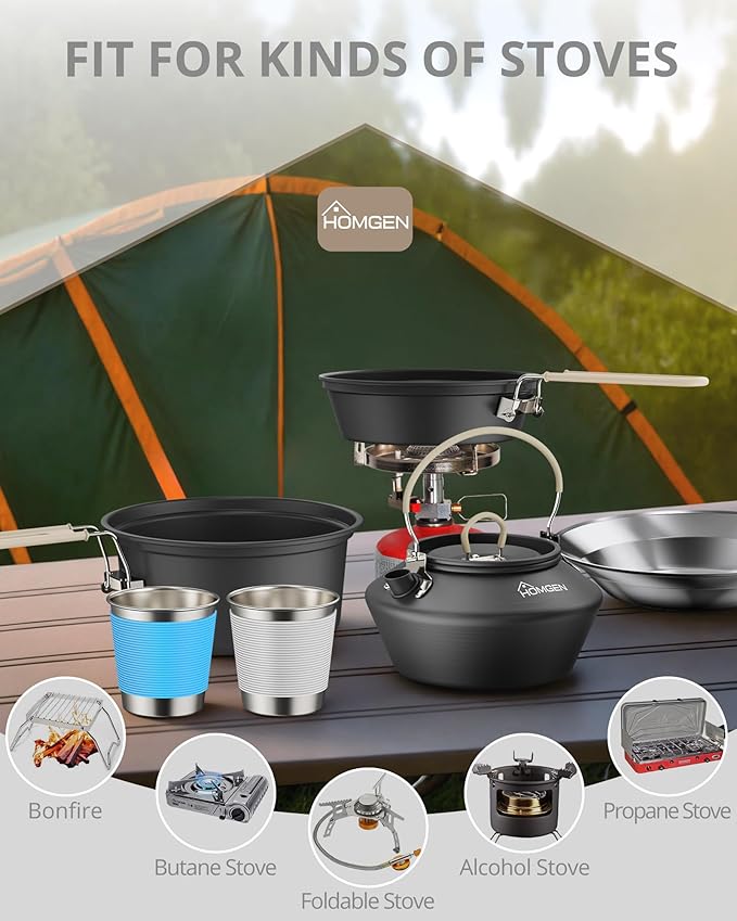 HOMGEN Ultralight Anodized Aluminum Camping Cookware Set for 2 People - Nesting Non Stick Pot/Pan with Foldable Handles Insulated Teapot & Stainless Cups - Compact Backpacking Gear for Camping/Hiking