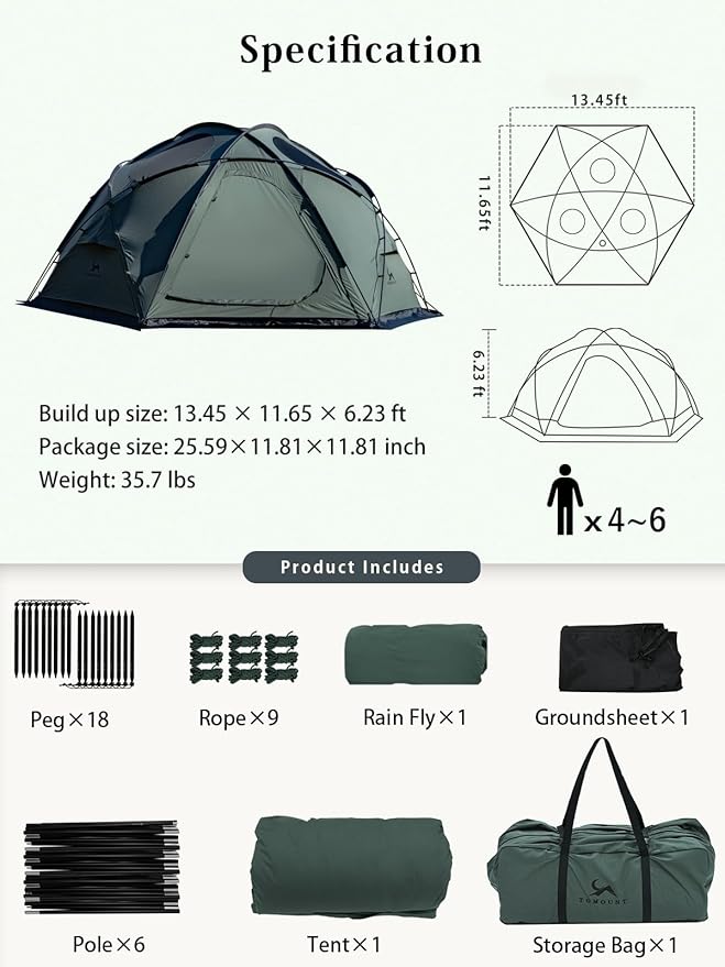 TOMOUNT Dome Hot Tent with Stove Jack 4 Person Backpacking Tent for 4 Season Waterproof Glamping Hiking