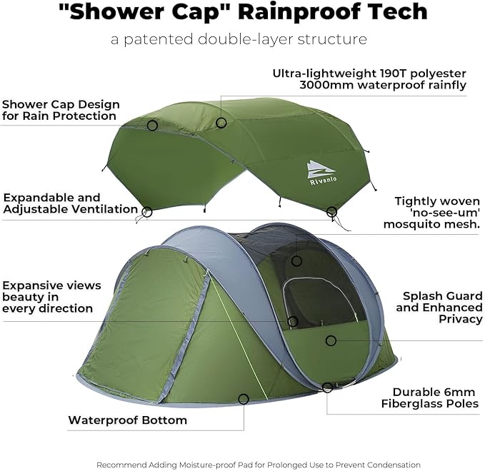 4 Person Easy Pop Up Tent, Automatic Setup, Waterproof, 2 Doors-Instant Family Tents for Camping, Hiking & Traveling, 9.5’X6.6’X52''