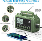 NOAA Weather Radio 12000mAh - Emergency Radio Hand Crank Solar Battery Operated Portable AM/FM Shortwave Radio with USB-C Charger, Flashlight, SOS Alert for Home Outdoor Hurricane Survival