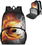 Lunch Backpack for Women Men Work, 17 Inch Insulated Cooler Backpack with Lunch Compartment All In One Meal Bag, Boys School Daypack Bookbag for Travel Casual Office, Fire Flame Soccer