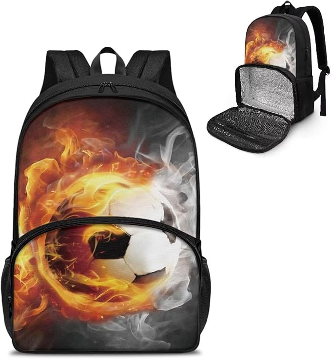 Lunch Backpack for Women Men Work, 17 Inch Insulated Cooler Backpack with Lunch Compartment All In One Meal Bag, Boys School Daypack Bookbag for Travel Casual Office, Fire Flame Soccer