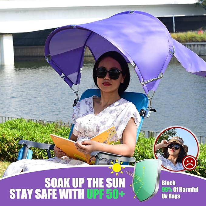 Universal Chair Umbrella Canopy, UPF 50+ Chair Sun Shade Attachment with Adjustable Clamp Fits Most Brands’ Beach, Camping, Lawn, Wheelchair, Tanning, Zero Gravity, Lounge, Fishing Chairs, Patented