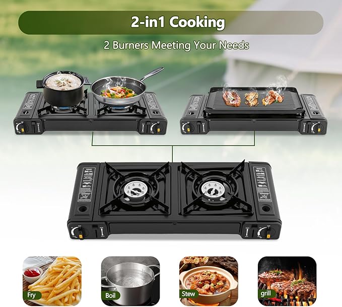 Double Burner Butane Stove, Butane Camping Stove Kit with Baking Pan and Carrying Case, Portable Camping Burner for RV, Apartments, Outdoor