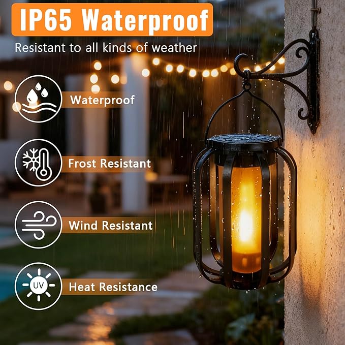 2 Pack Solar Lantern Lights Outdoor Waterproof Flickering Flame Light, Solar Lights with Dual Charging (USB/Solar) & 4 Modes Hanging Camping Light for Yard Patio Path Tree Porch Garden Decoration