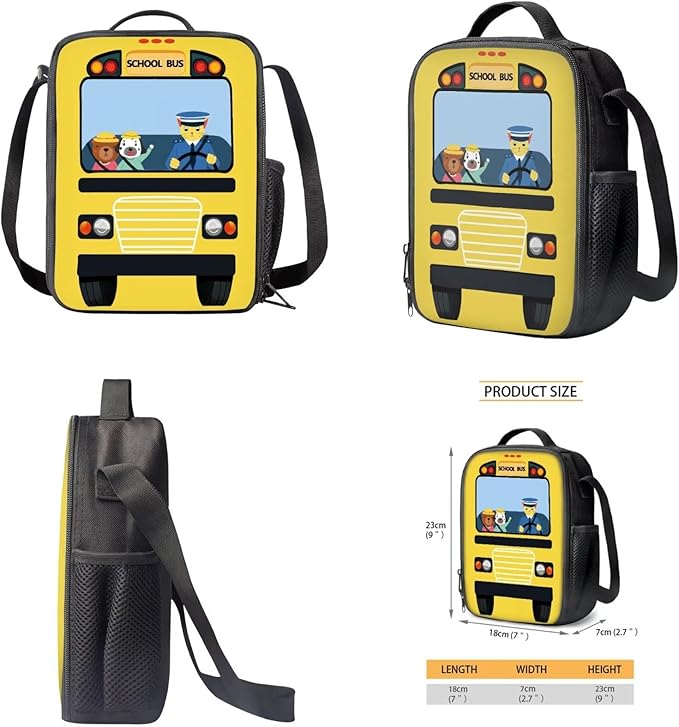 School Bus Backpack and Lunch Box Cool Kids Backpack Lightweight Portable Bookbag and Lunch Box Set for Boys 4pcs School Bag for Boys 6-7 Outdoor Travel Daypack Hiking Camping