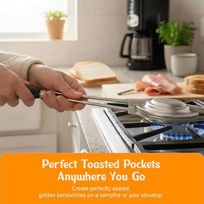 Handheld Sandwich Maker, Classic Sandwich Grill & Panini Press, Cast Aluminum Pie Iron, Retro 1945 Stovetop & Campfire Toaster for Hot Sandwiches, Pies, Paninis, RV & Camping