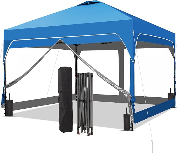 GDY 10x10 FT Pop Up Canopy Tent with One Push Setup,Setup Gazebo with 4 PVC Transparent Sidewalls,Easy Carry for Events, Parties, Camping, Blue.