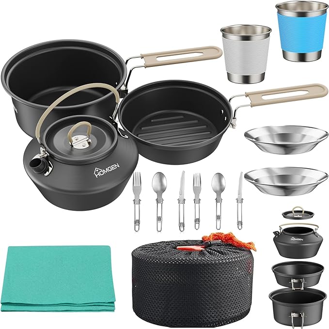 HOMGEN Ultralight Anodized Aluminum Camping Cookware Set for 2 People - Nesting Non Stick Pot/Pan with Foldable Handles Insulated Teapot & Stainless Cups - Compact Backpacking Gear for Camping/Hiking
