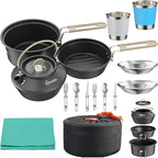 HOMGEN Ultralight Anodized Aluminum Camping Cookware Set for 2 People - Nesting Non Stick Pot/Pan with Foldable Handles Insulated Teapot & Stainless Cups - Compact Backpacking Gear for Camping/Hiking