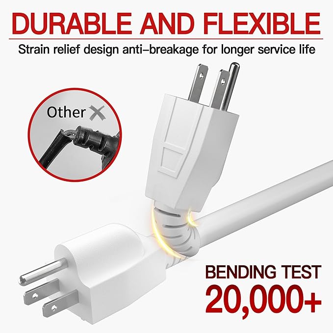 16/3 Short Extension Cord 8 FT 2 Pack, White Extension Cord Flexible & Durable, Indoor 3 Prong Power Cable, Suitable for Home and Office, 13 Amp 1625 Watt 125VAC 16AWG, ETL Listed