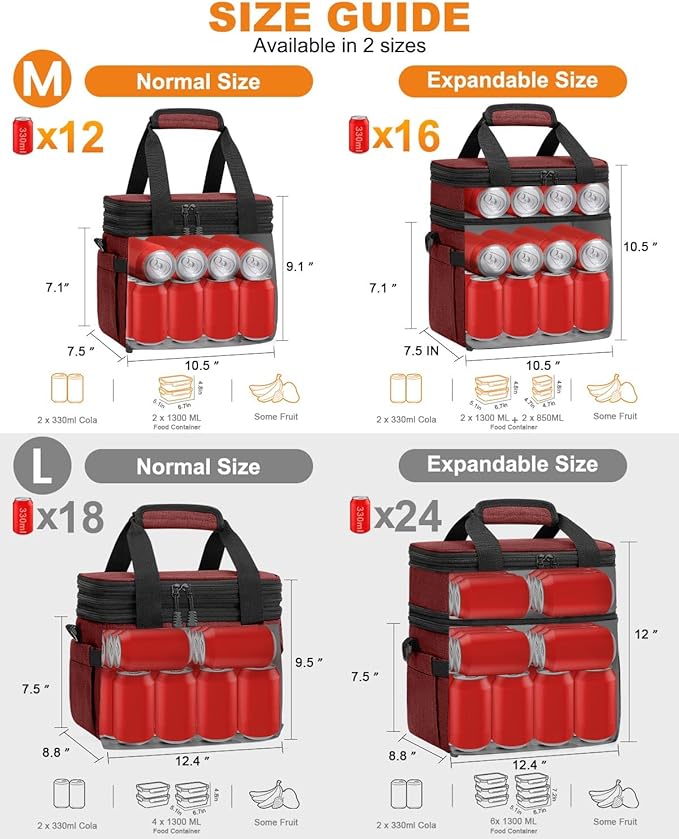 Lunch Box For Men Women Double Deck Insulated Lunch Bag For Men Woman Leakproof Expandable Cooler Bag with Adjustable Shoulder Strap for Work Shool Picnic(Wine Red,Medium)