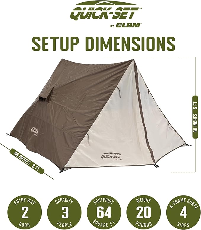 CLAM Quick-Set A-Frame Tent, 8 x 8 Ft Portable Outdoor Hiking Camping Shelter, Apex