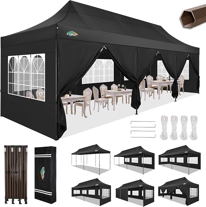 COBIZI 10x30 Heavy Duty pop up Canopy, Commercial10x30 Party Tent for Parties Waterproof Gazebos with 8 Sidewalls, All Season Wind & Waterproof UPF50+,Stable Thickened Frame, Black