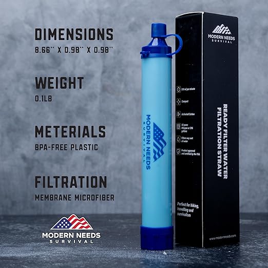 MODERN NEEDS Ready Filter Personal Water Filter Straw | Backpacking Water Filter for Hiking & Camping | Portable Water Purifier Camping | Emergency Survival Gear & Camping Survival Kit | 4 Pack