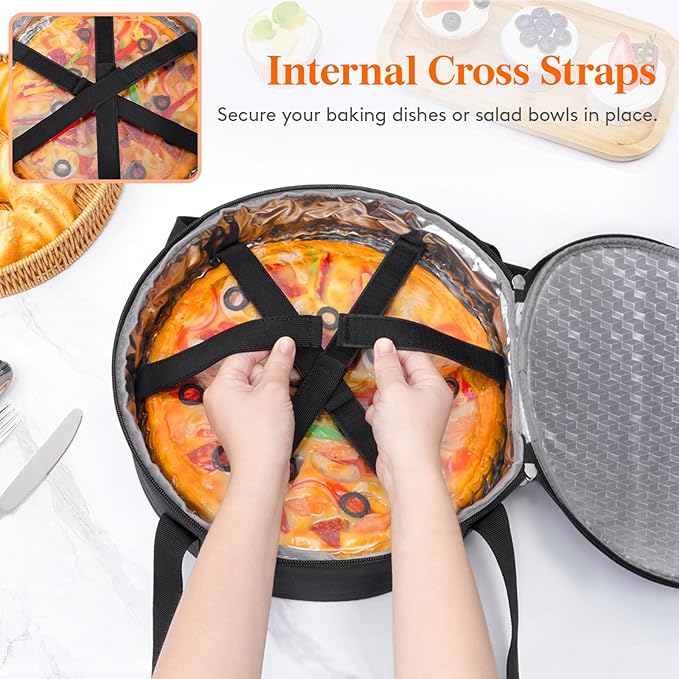 Lifewit Insulated Single Decker Round Casserole Carrier, Portable Pie Carrier Bag for Hot or Cold Food, Fits 12.5" Baking Dish, Thermal Lunch Tote for Potluck Parties, Picnic and Cookouts, Black