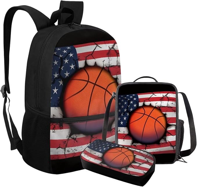 Rnyleeg Basketball Backpack for Kids with Lunchbox American Flag Boys Backpack Set Large Capacity Bookbag Set of 3 for Primary School Back to School Supplies Set