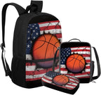 Rnyleeg Basketball Backpack for Kids with Lunchbox American Flag Boys Backpack Set Large Capacity Bookbag Set of 3 for Primary School Back to School Supplies Set