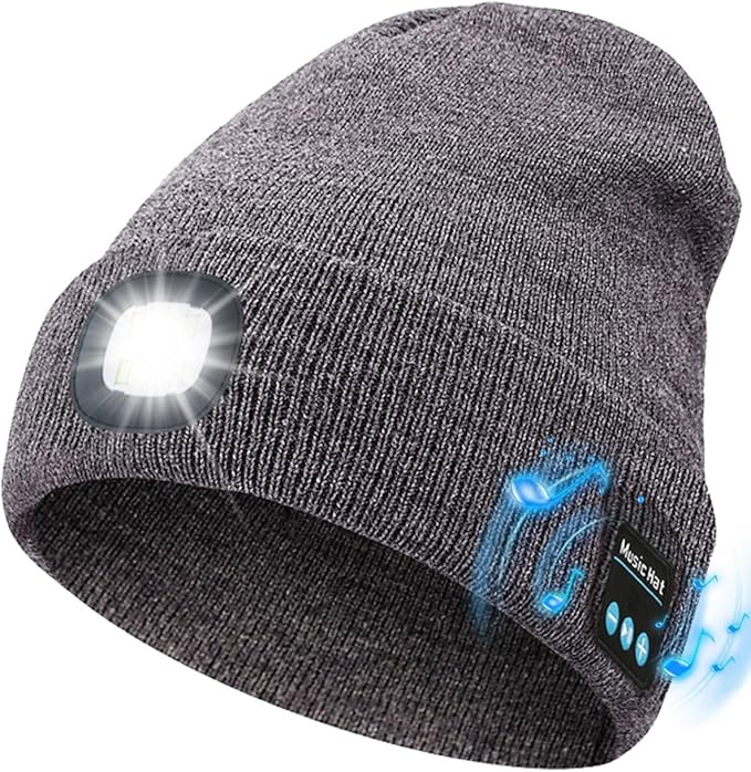 Bluetooth Beanie with Light, USB Rechargeable LED Headlamp Winter Hat, Men Women Valentine's Day Gifts