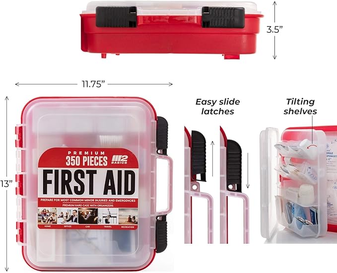 M2 BASICS Professional 350 Piece First Aid Kit, Wall Mountable Dual Layer Hard Case for Business, Home, Car, Vehicle & Work