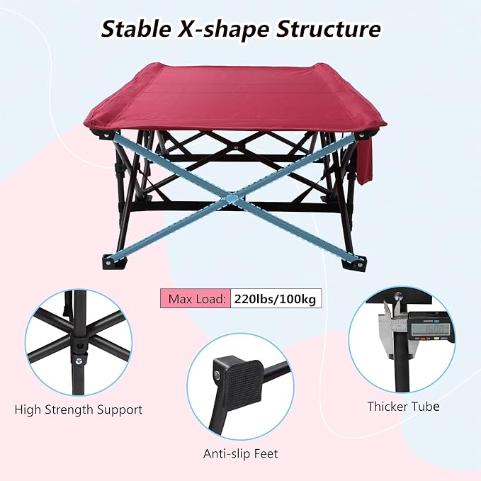 REDCAMP Extra Long Kids Cot for Sleeping 2-7 Years, Portable Travel Toddler Cot Bed with Carry Bag, Lightweight for Outdoor Indoor Home, Wine Red 53''x26''