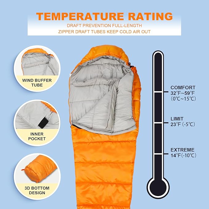 Northroad Mummy Sleeping Bag 14-59 ℉, 3-4 Season Warm & Cool Weather, Summer Spring Fall Lightweight Washable Sleeping Bag for Outdoor Camping Hiking Travel Hunting