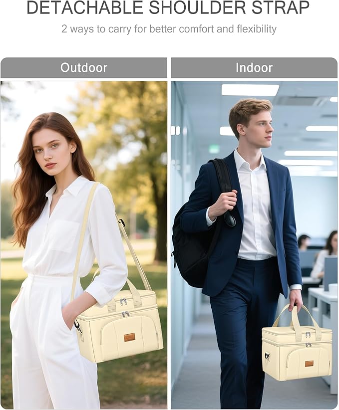 Rnivvi Lunch Box for Women, Double Decker Insulated Cooler Bag Lunch Bag Reusable Leakproof Tote Lunch Container with Strap for Work Family Picnic Camping, 18 Cans 12L, Large Adults, Apricot White
