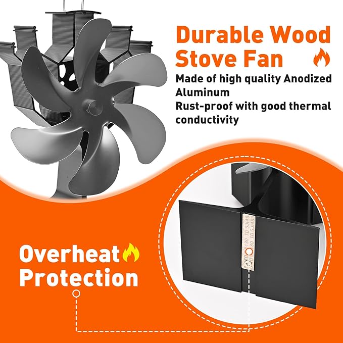 Sckee Wood Stove Fan, Heat Powered Fireplace Fan with Bracket Compatible for Propane Log Burner Wood Burning Stove Accessory for Camping Outdoor Indoor Use (Grey)