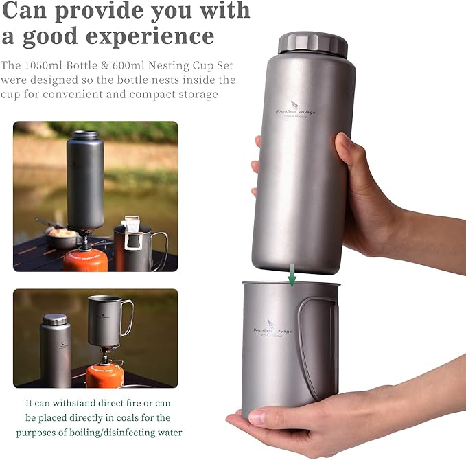 iBasingo 1050ml Titanium Bottle with 600ml Nesting Cup Outdoor Camping Single Layer Wide Mouth Cookware Lightweight Portable Bottle Mug Set Hiking Picnic Solo Cooking Mess Kit Ti3007D